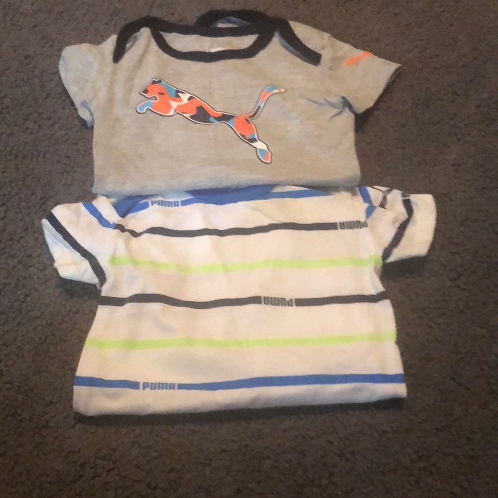 (2) 3-6 months puma onesies